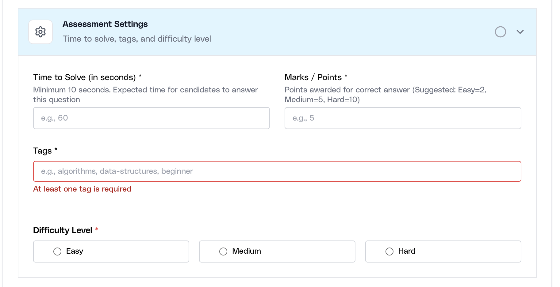 Assessment settings for an MCQ question in Ovii Assessment Studio