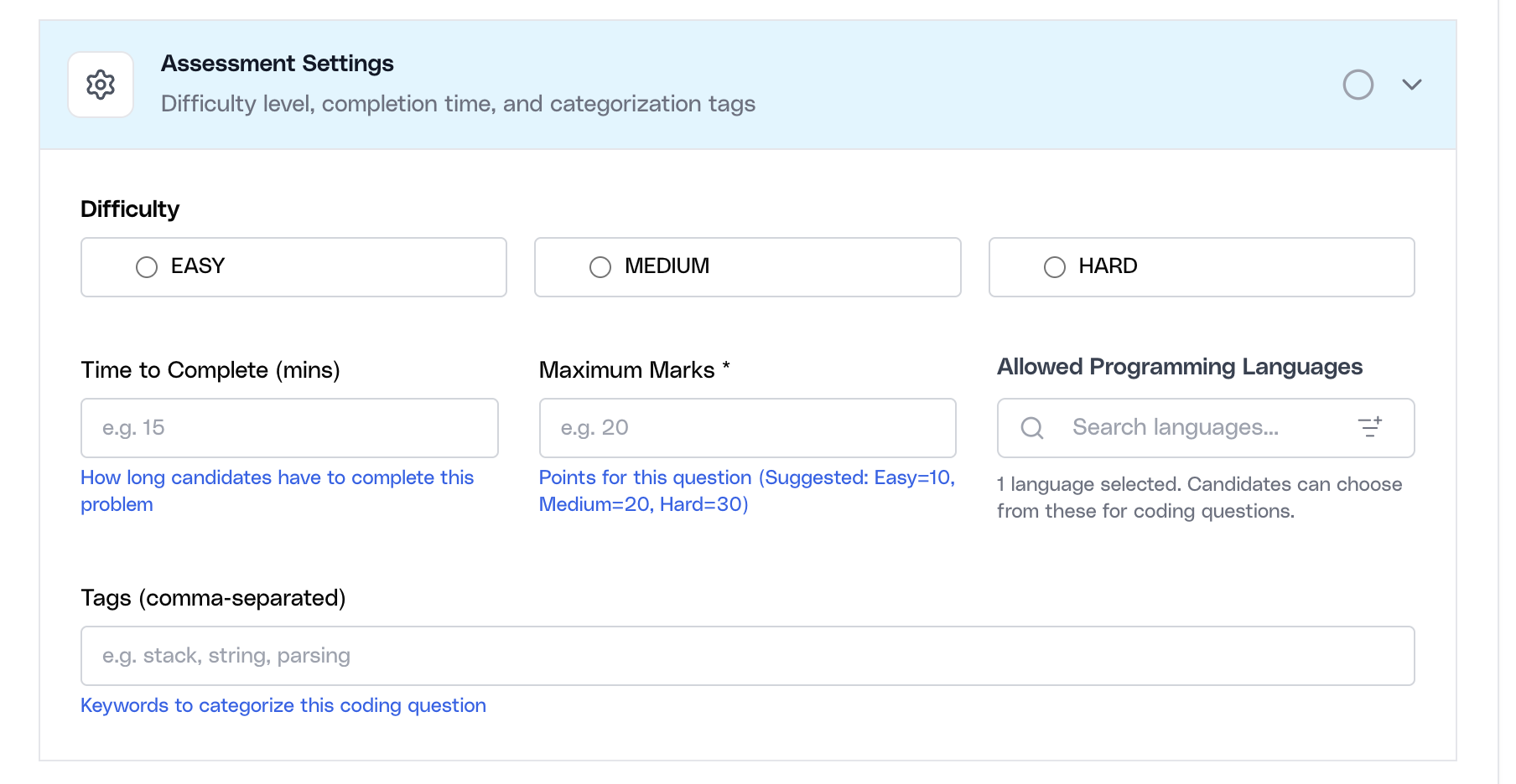 Coding assessment settings in Ovii Assessment Studio