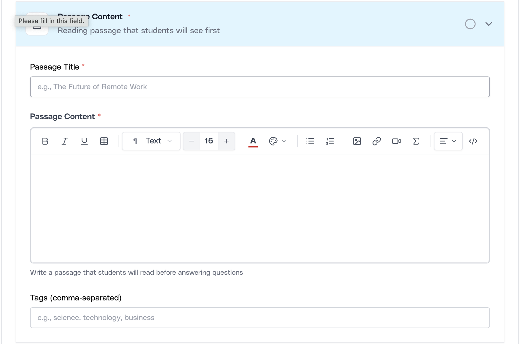 Comprehension passage authoring in Ovii Assessment Studio