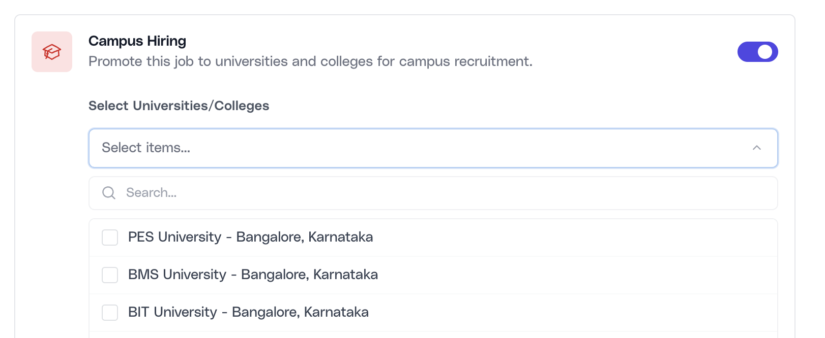 Campus Hiring form showing the university and college multi-select list.