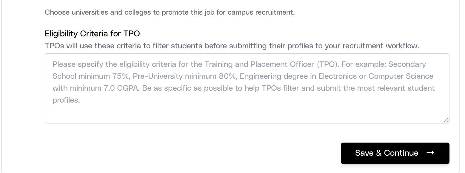 Eligibility Criteria for TPO field in the Campus Hiring form.