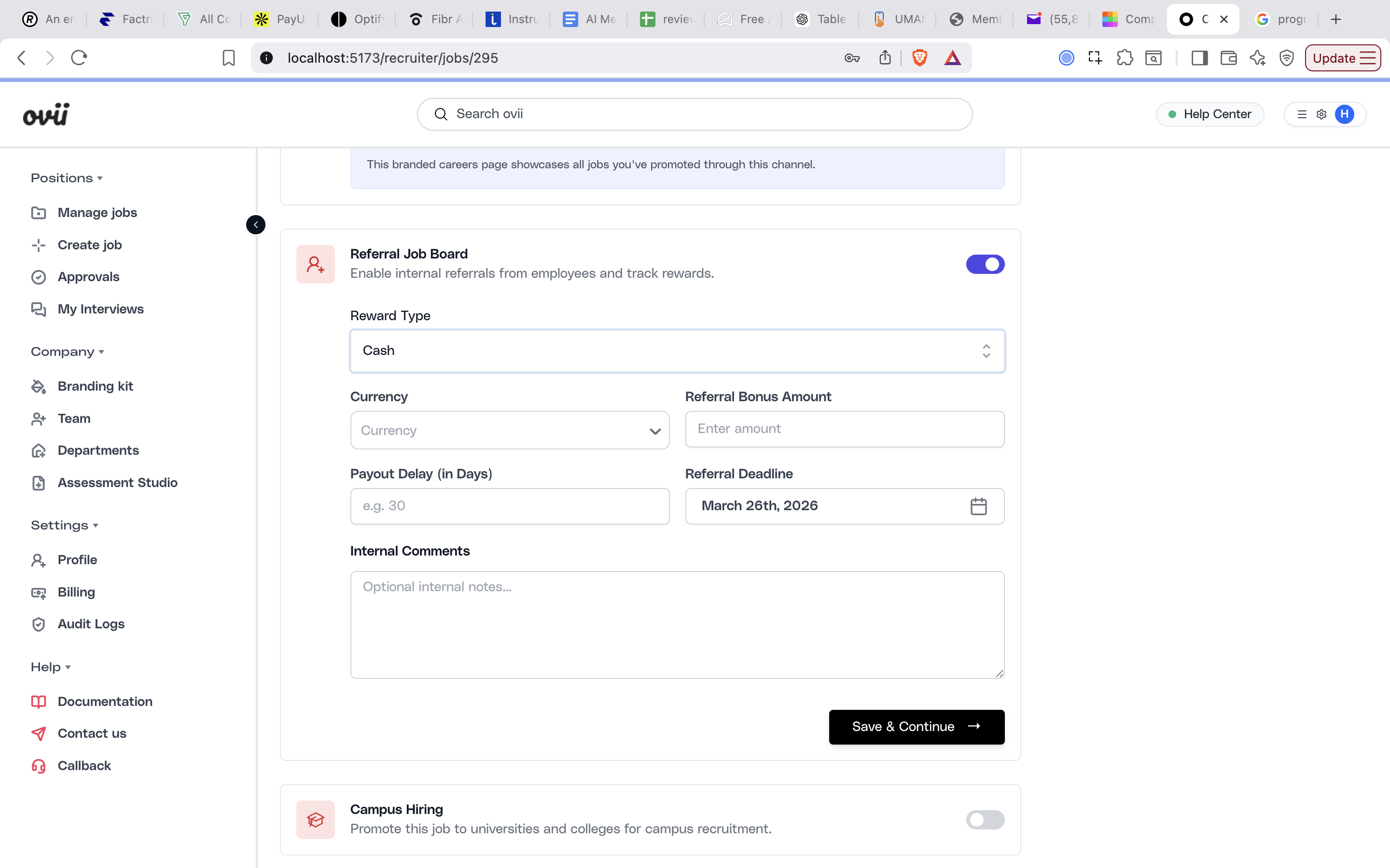 Recruiter job promotion page showing the Referral Job Board card enabled within the promotion workspace.