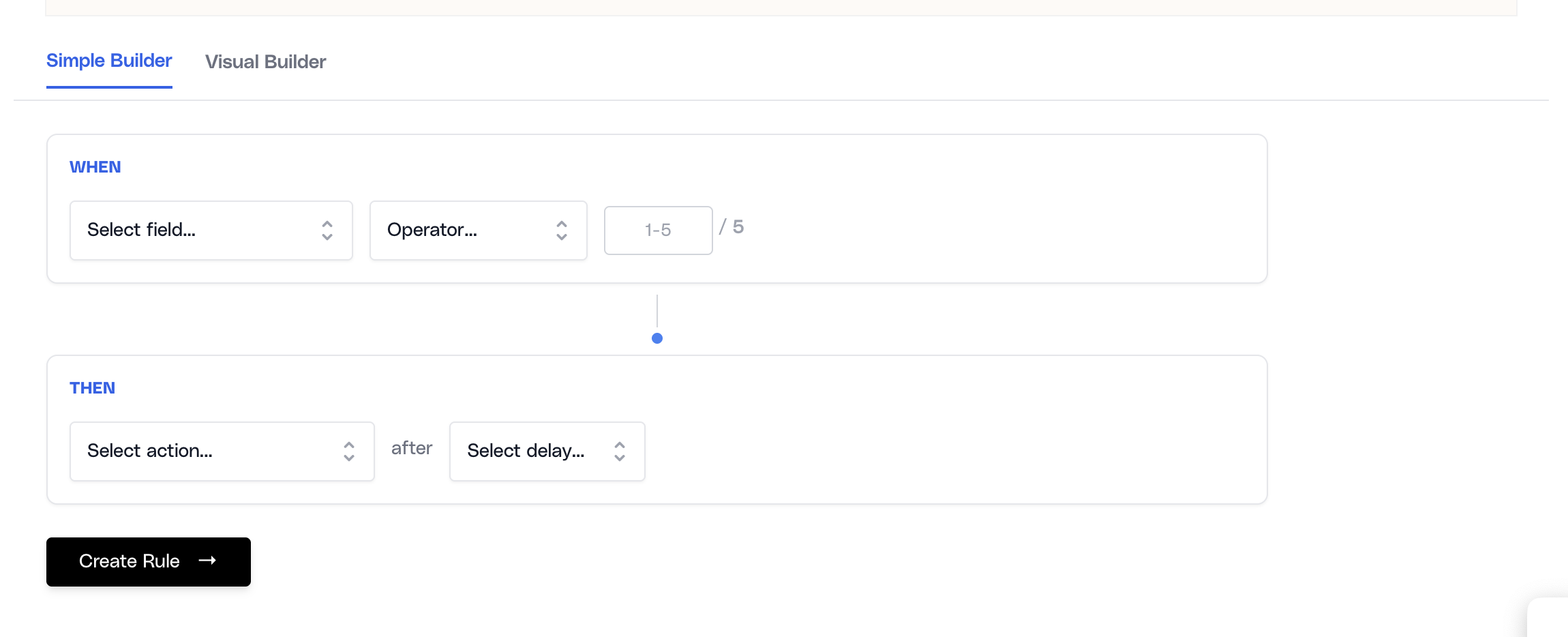 Automation rules interface in Ovii showing the simple builder for workflow creation