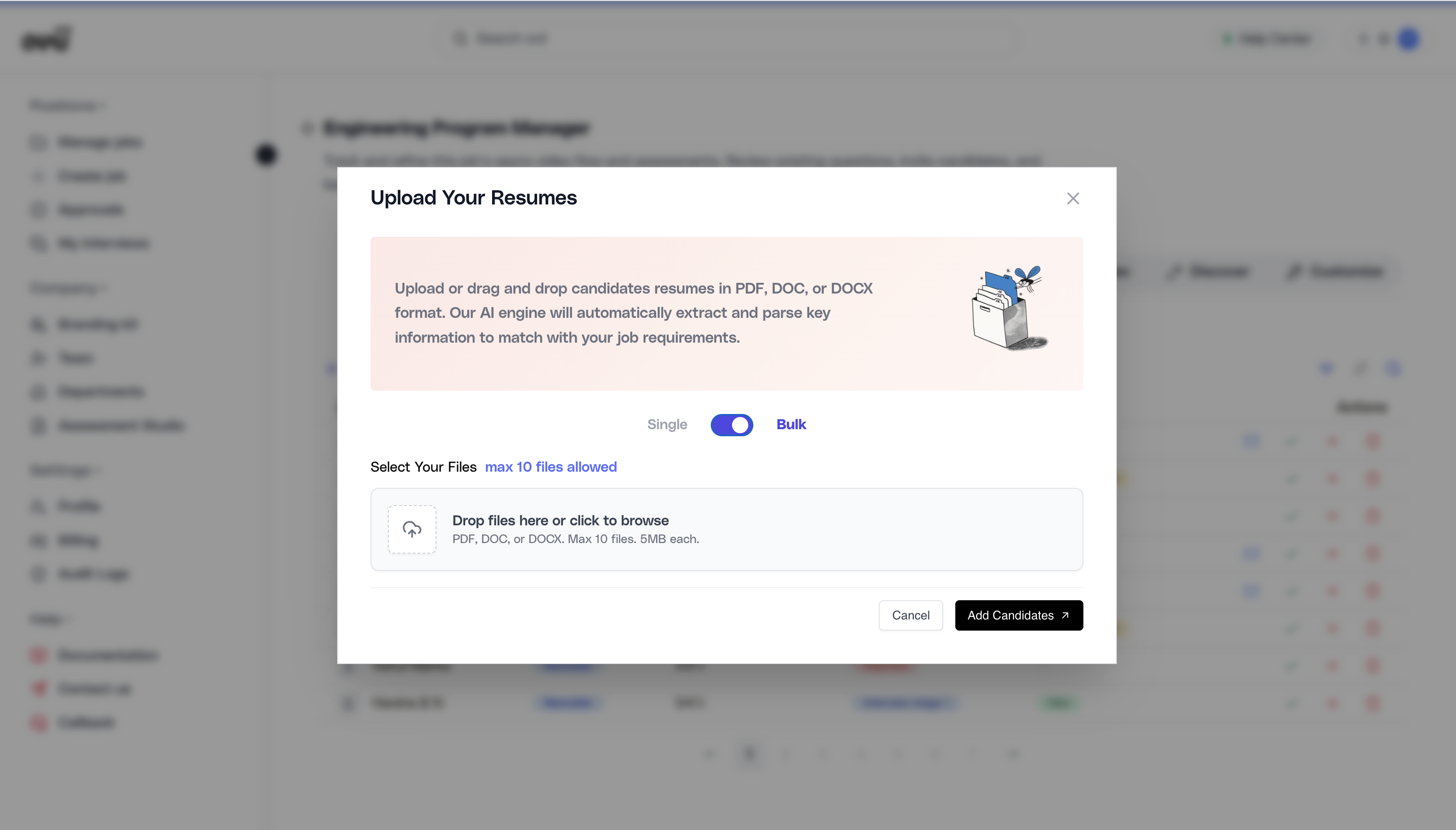 Resume upload modal showing single and bulk upload support for recruiter candidate intake