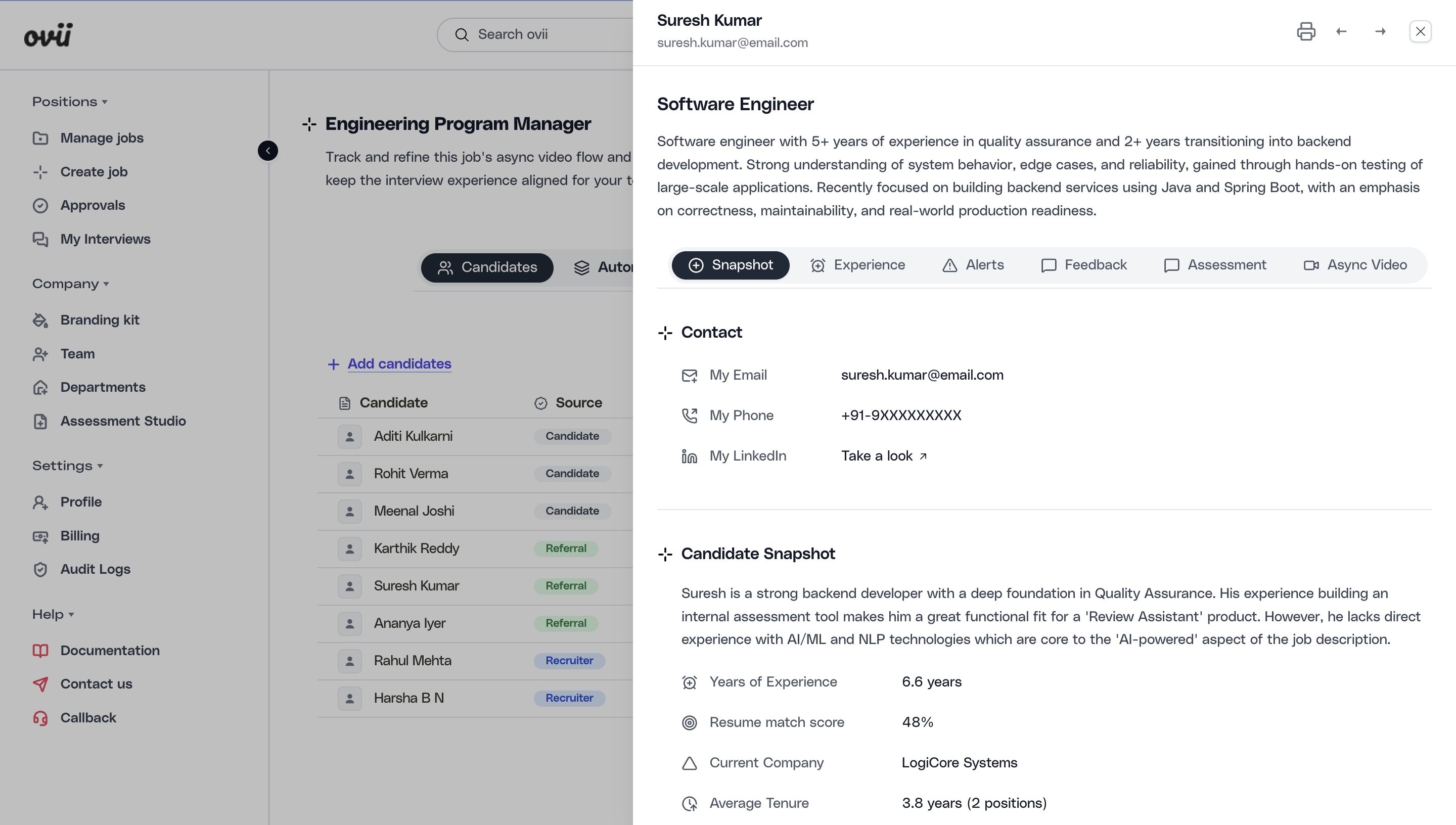 Candidate drawer opened from the Candidates tab for a job in Ovii