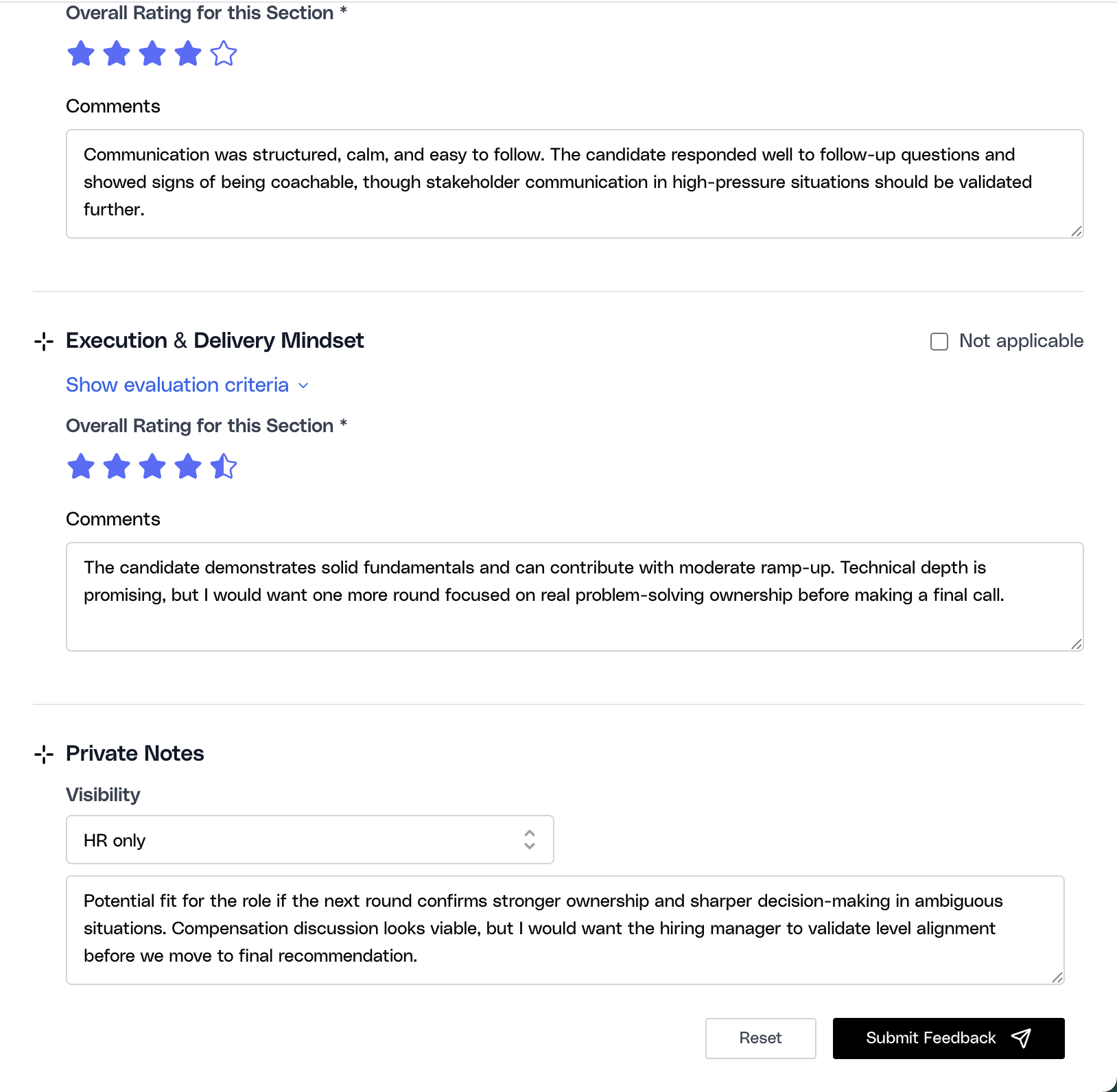 Private Notes section in the feedback form showing visibility controls and the private notes text area