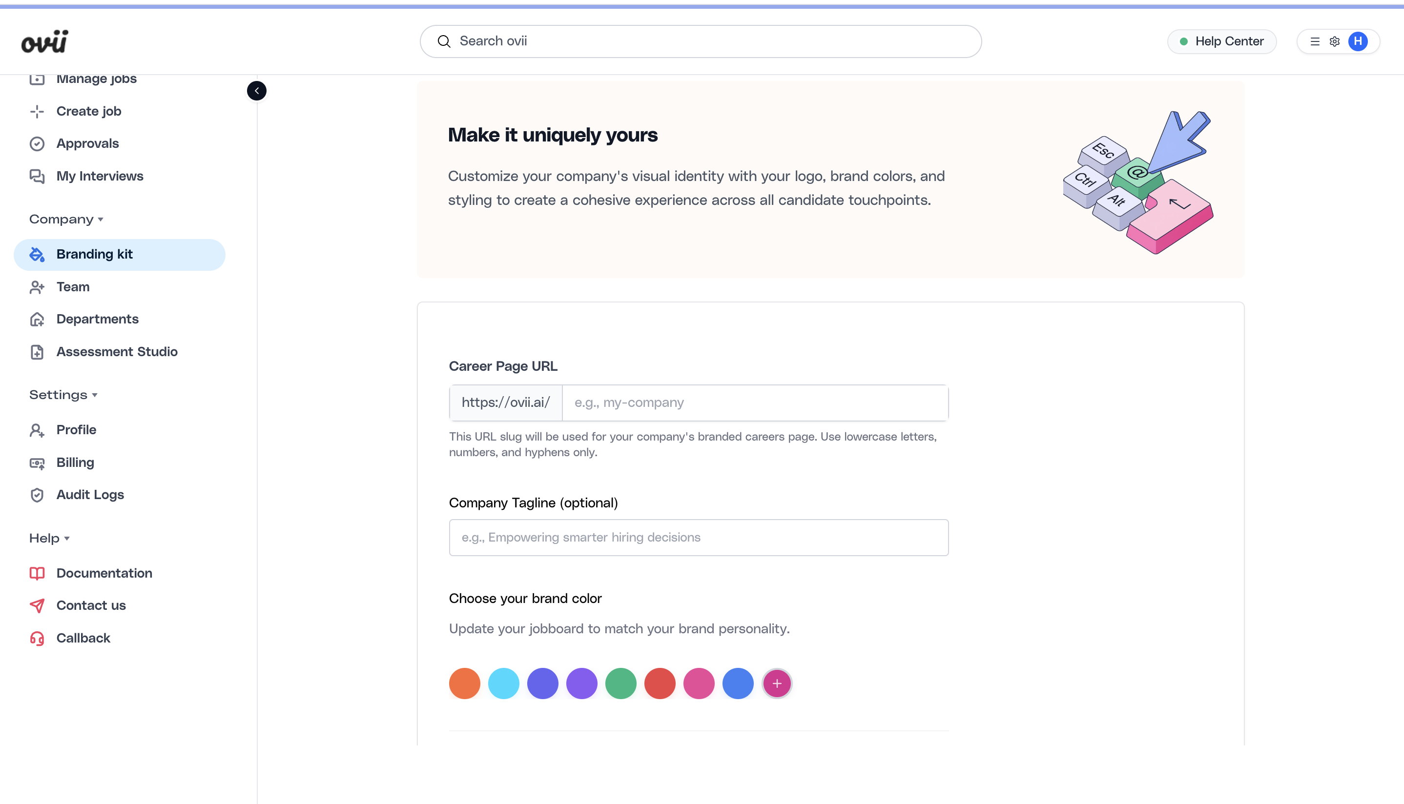 Branding step with careers URL slug, company tagline, and brand color selection.