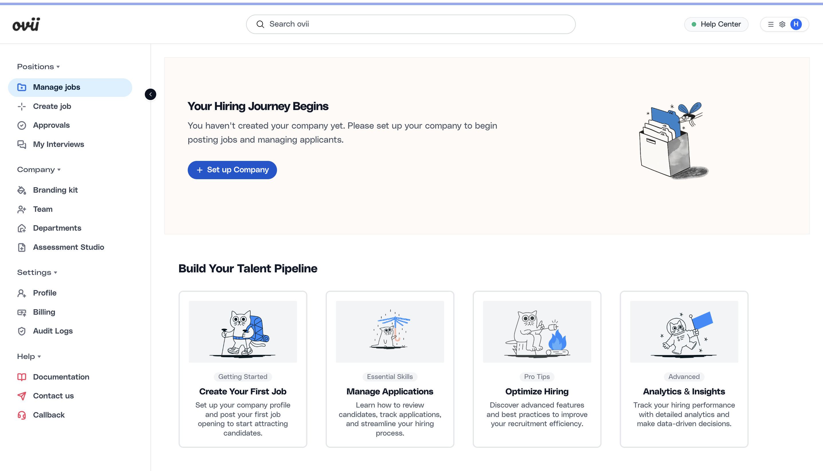 Manage jobs view showing the company setup prompt before hiring can begin.
