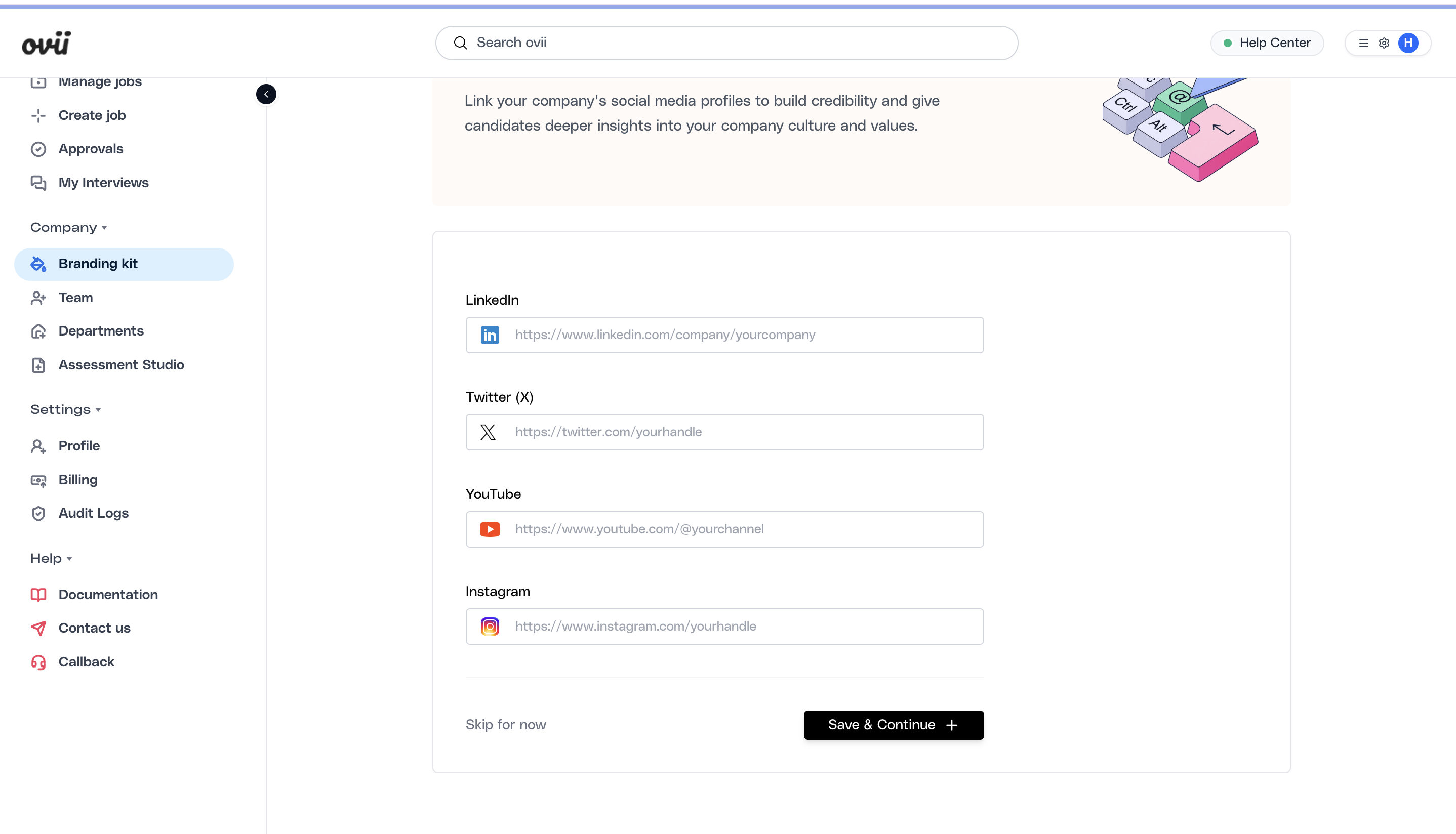 Social links setup form with LinkedIn, X, YouTube, and Instagram fields.