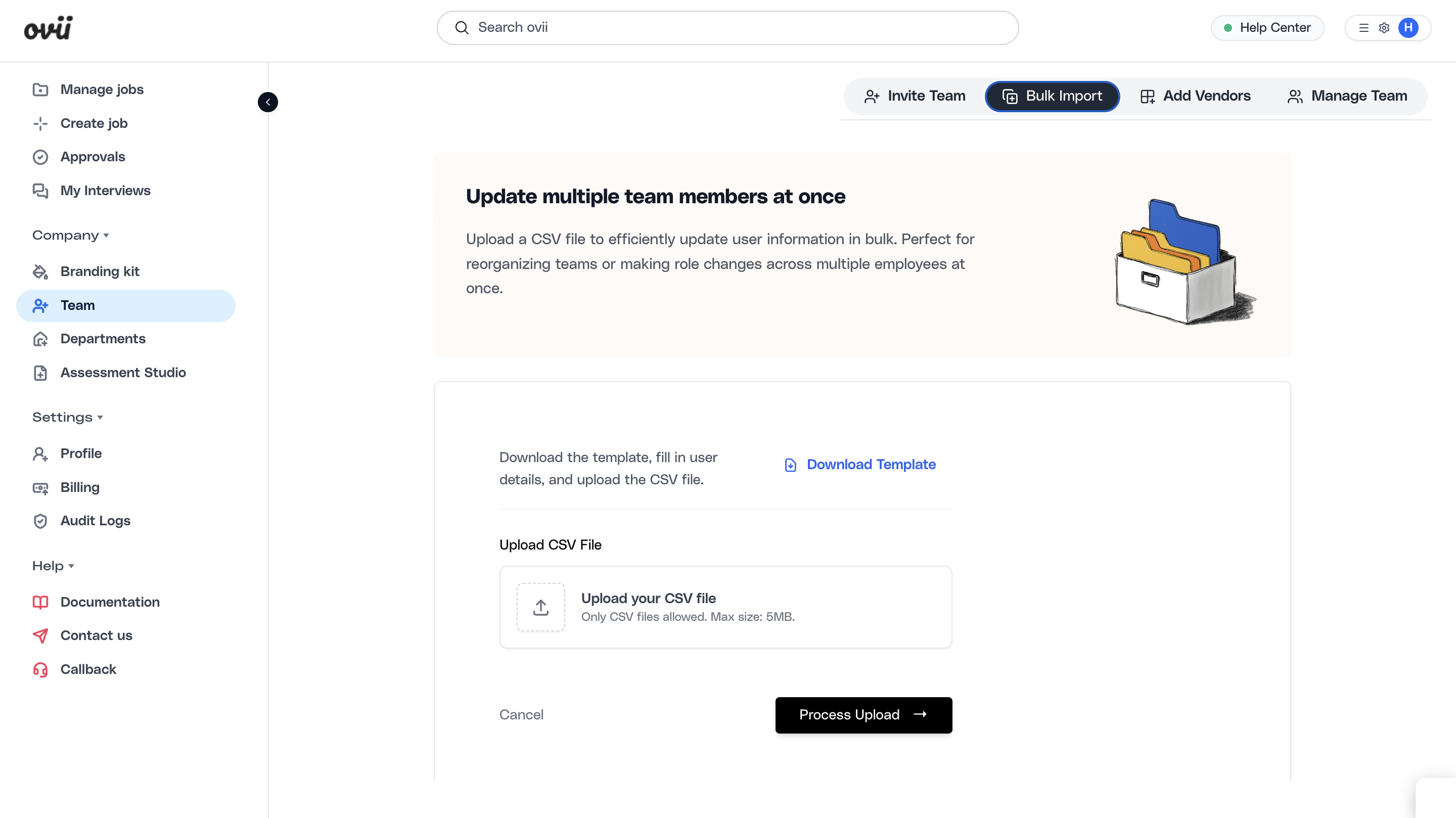 Bulk Import screen in the Ovii Team workspace