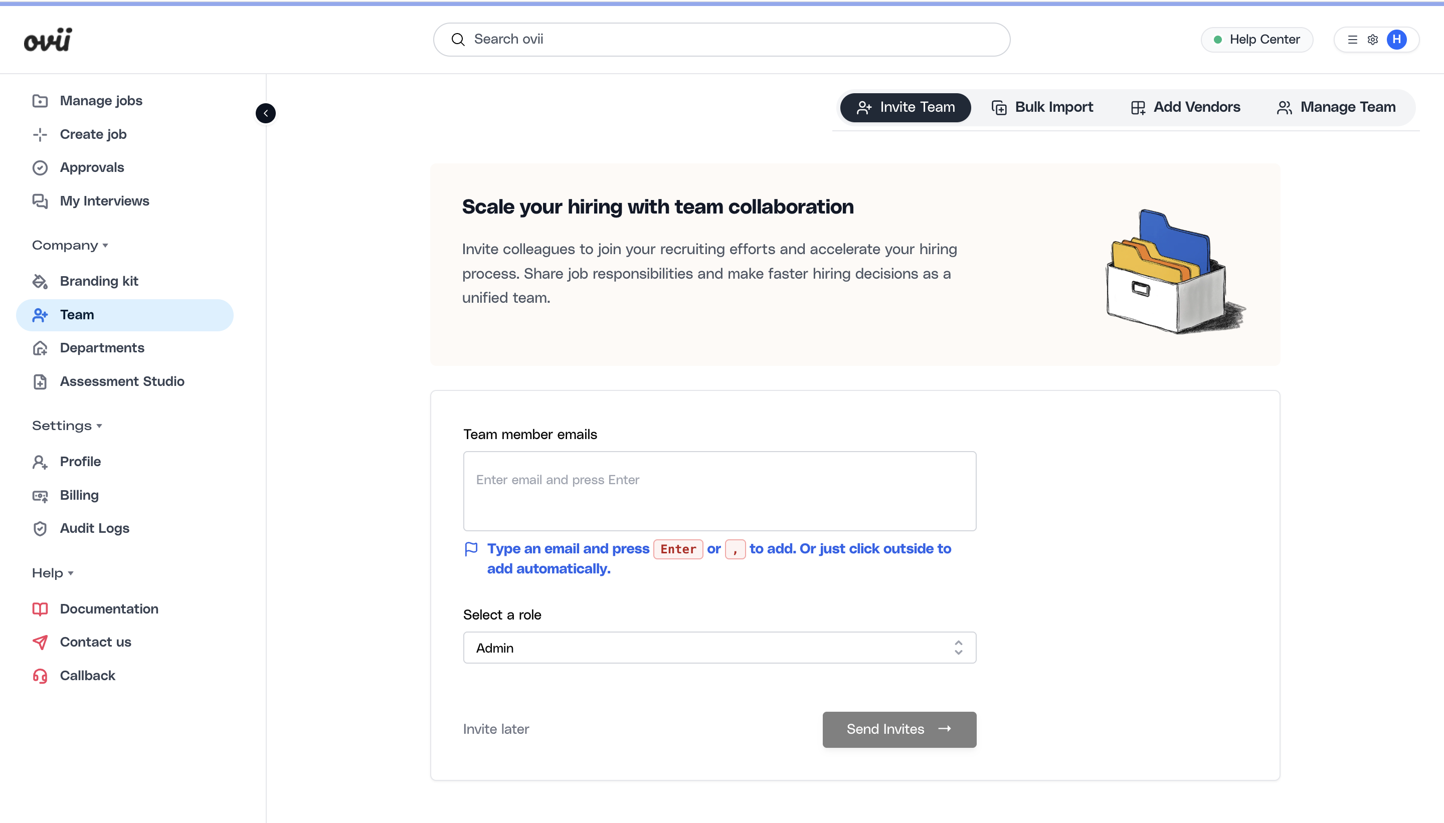 Invite Team screen in the Ovii Team workspace