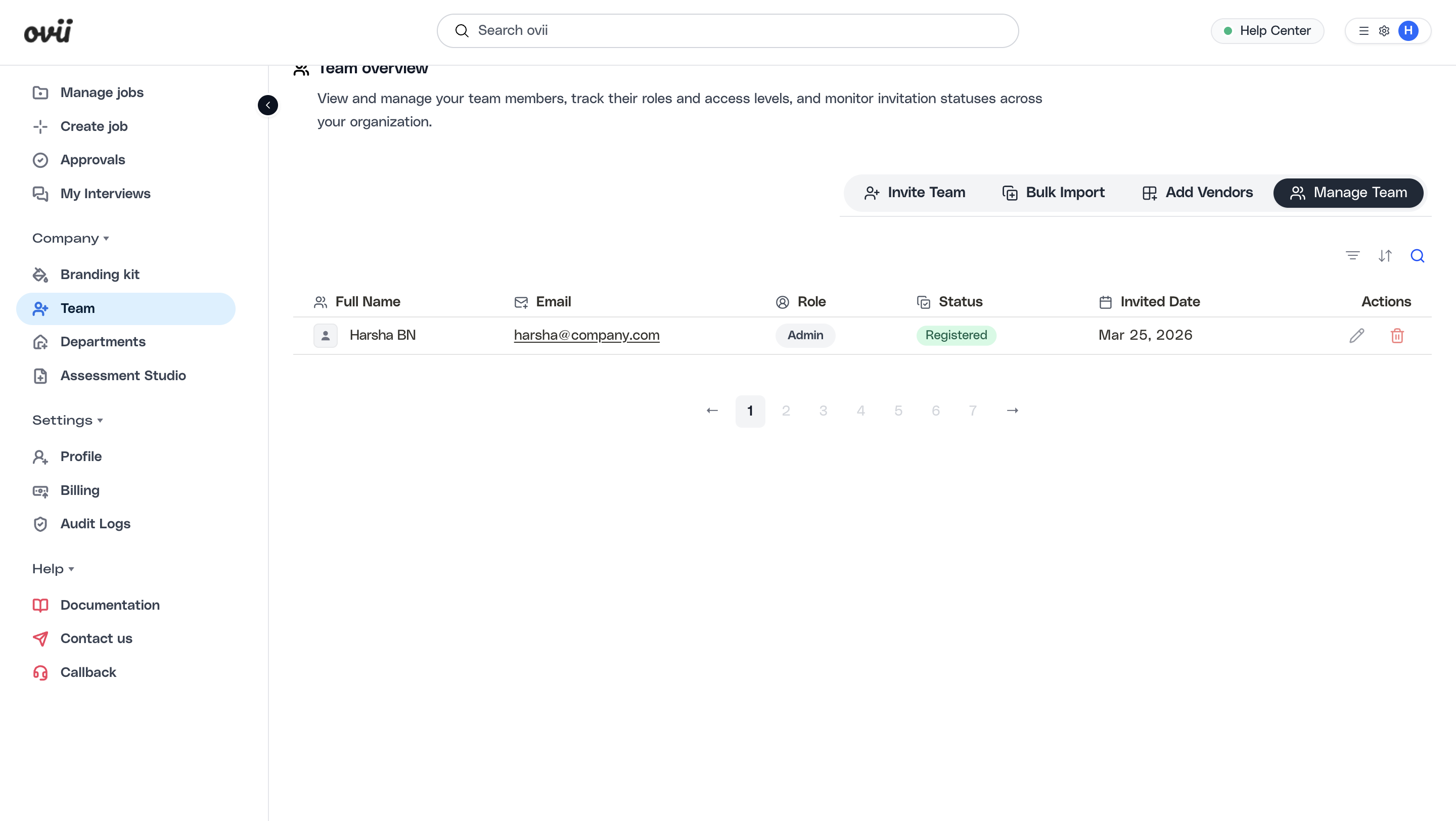 Manage Team table in the Ovii Team workspace