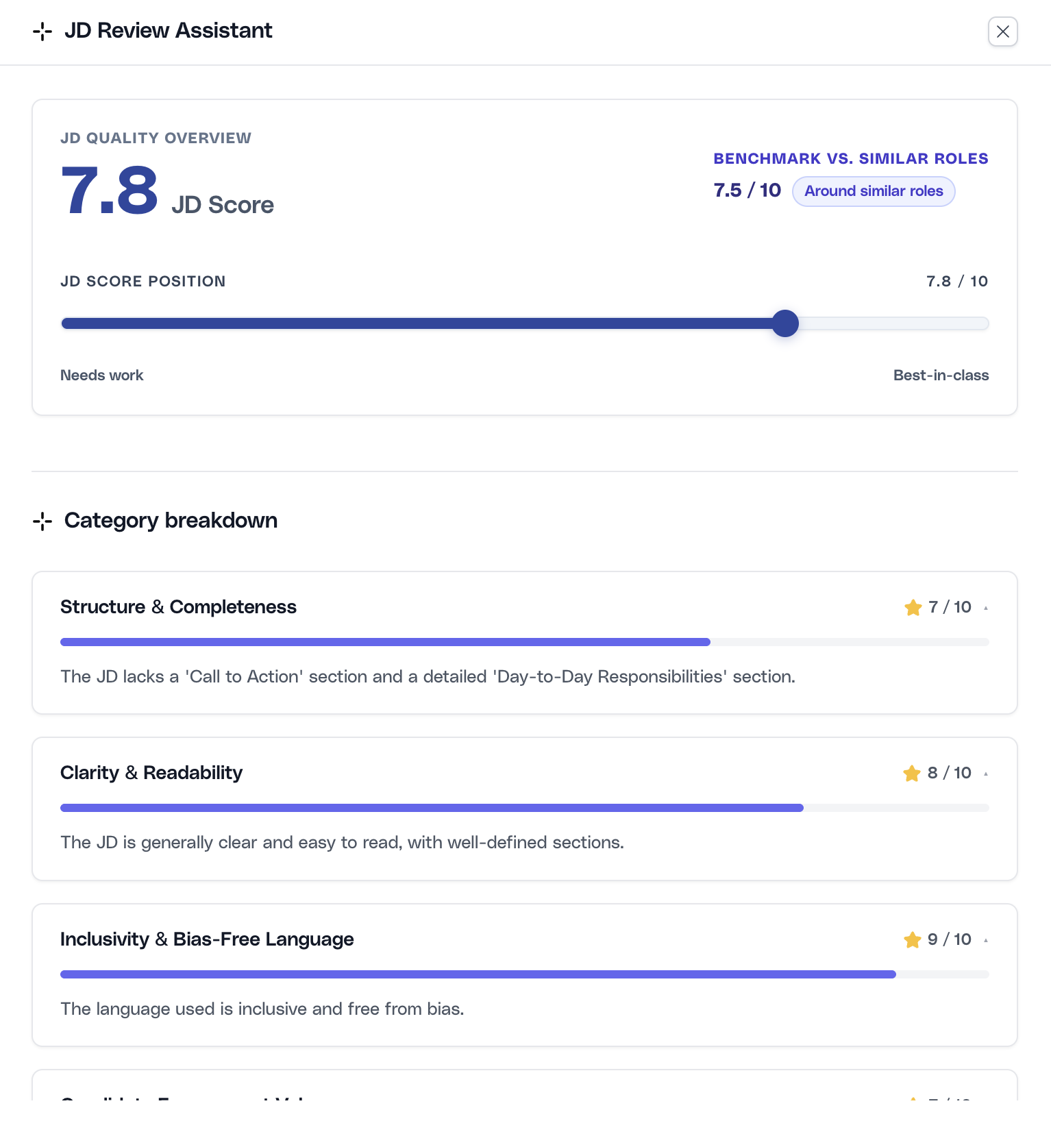 JD Review Assistant overview showing overall score, benchmark comparison, and the start of the category breakdown