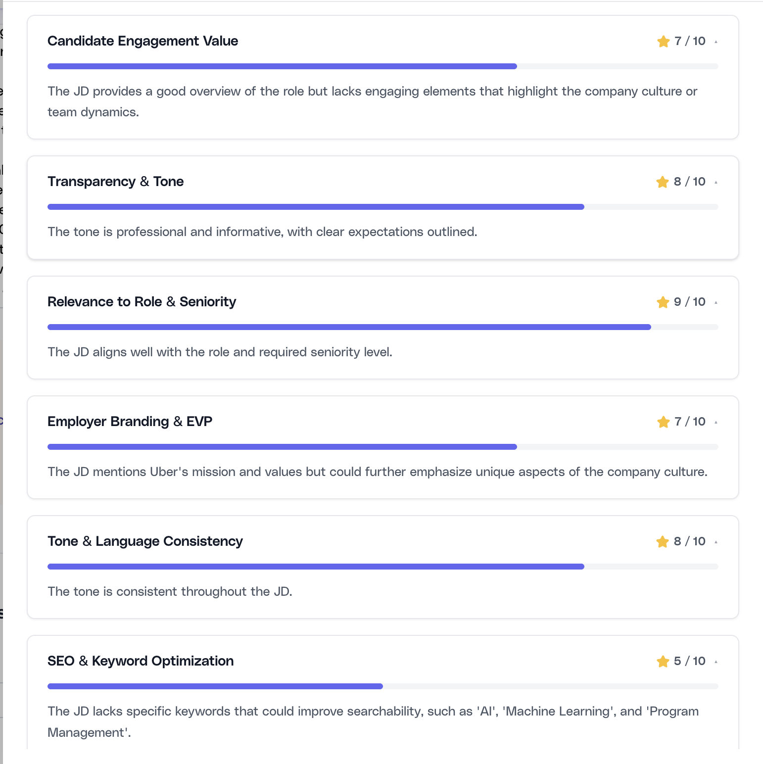 JD Review Assistant category breakdown showing multiple scored dimensions such as engagement, tone, relevance, branding, and SEO