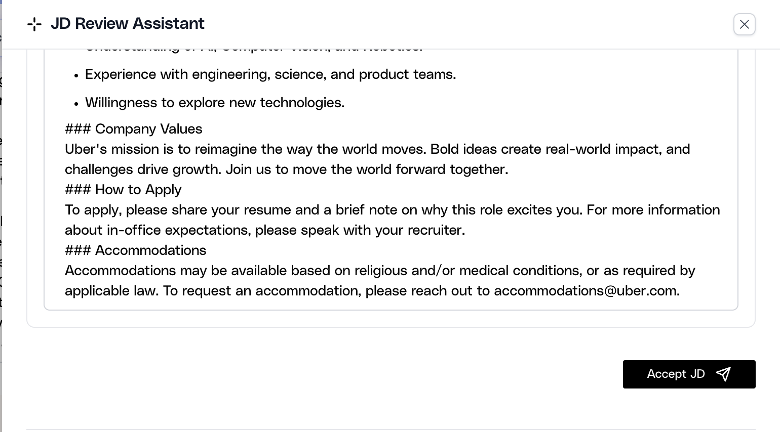 JD Review Assistant showing the enhanced job description and the Accept JD action