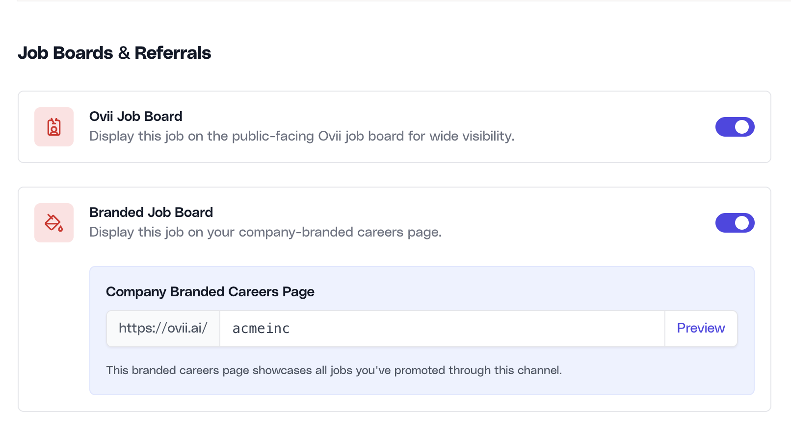 Job promotion workspace showing the Ovii Job Board publication controls.