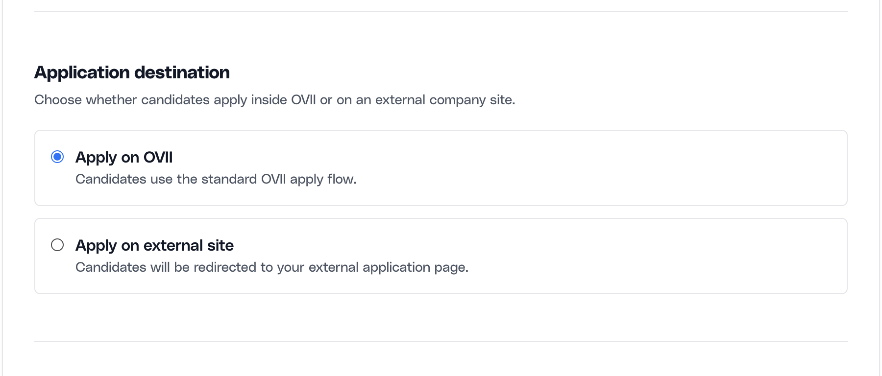 Application destination section in the Ovii create-job form