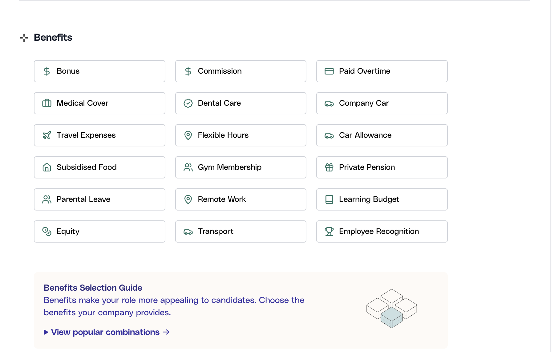Benefits section in the Ovii create-job form