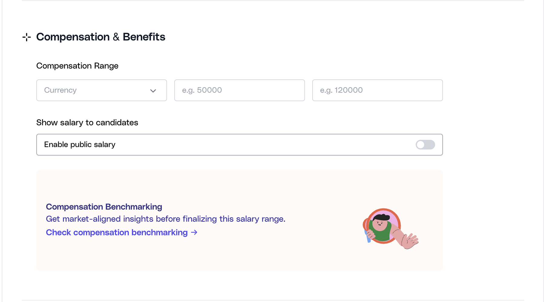Compensation benchmark section in the Ovii create-job form