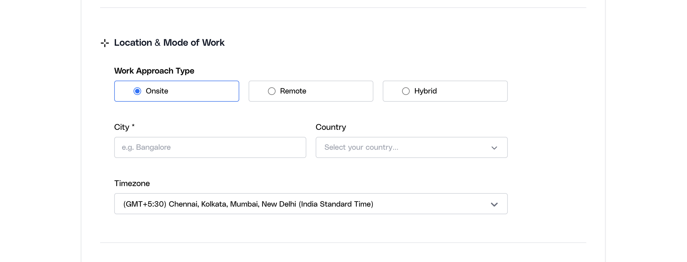 Location and Mode of Work section in the Ovii create-job form
