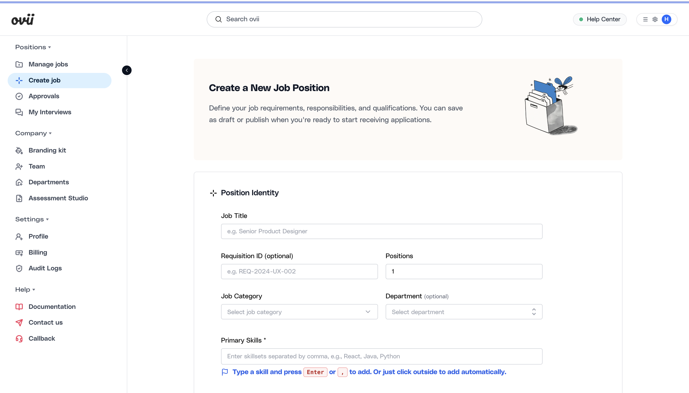 Position Identity section in the Ovii create-job form