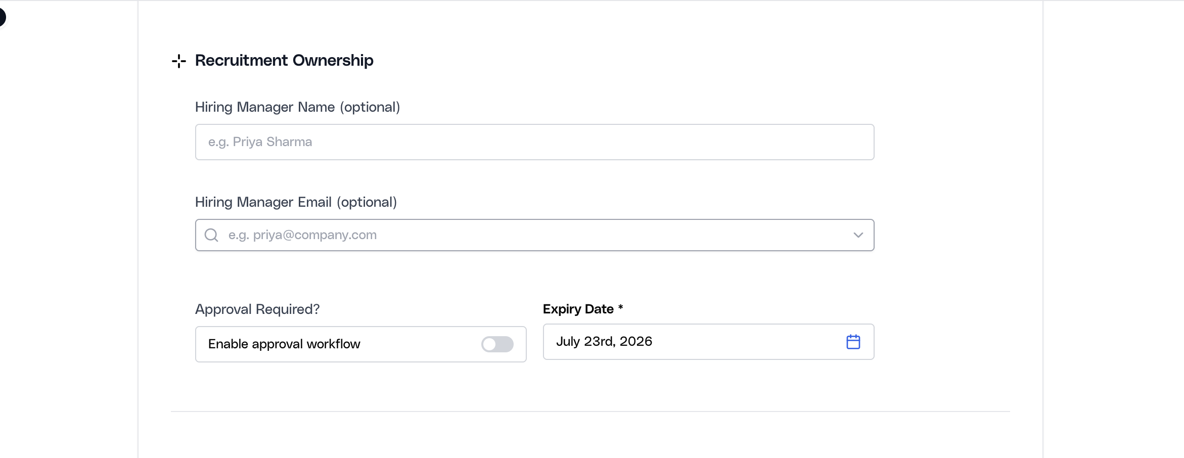 Recruitment Ownership section in the Ovii create-job form