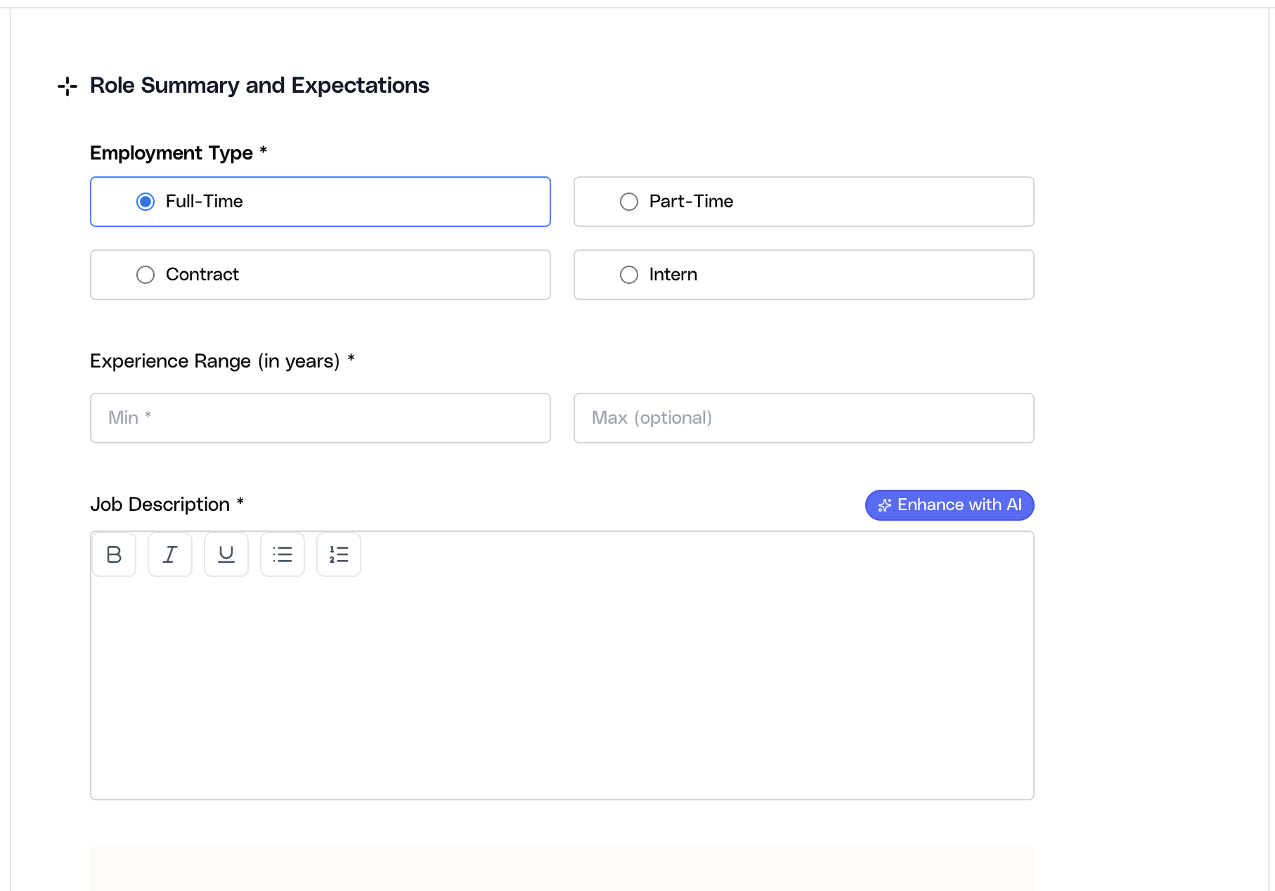 Role Summary and Expectations section in the Ovii create-job form