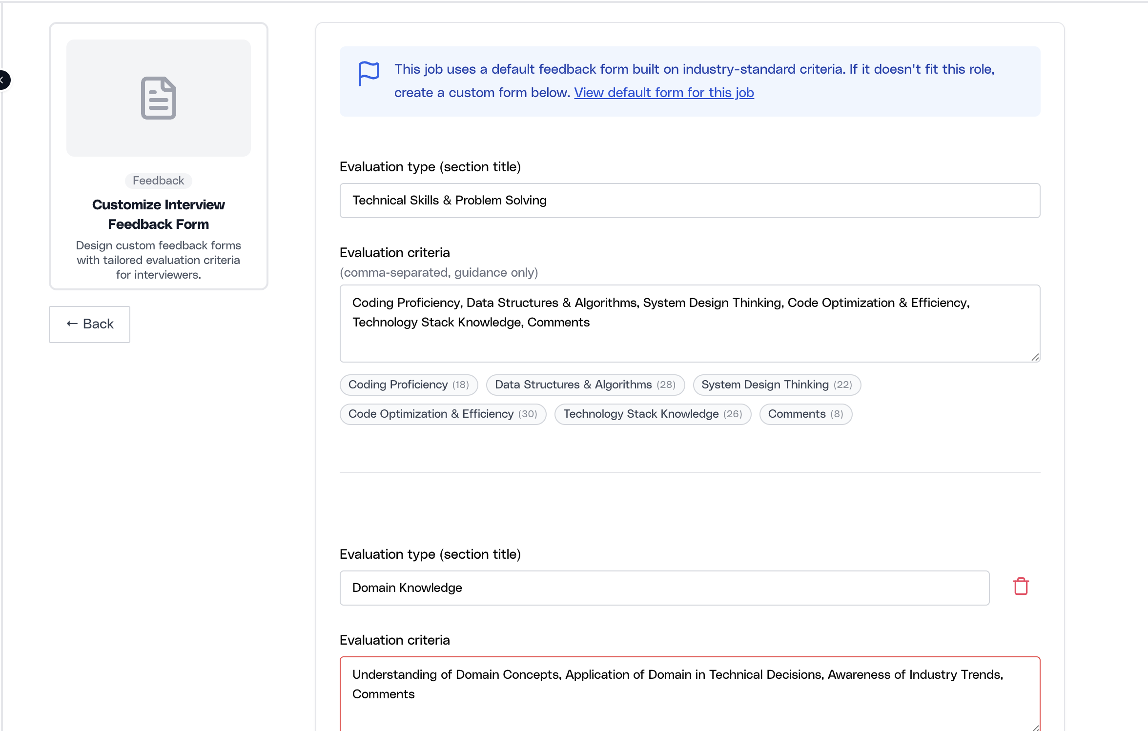 Customize Interview Feedback Form screen showing the default-form banner, evaluation section titles, comma-separated criteria, and multiple feedback sections