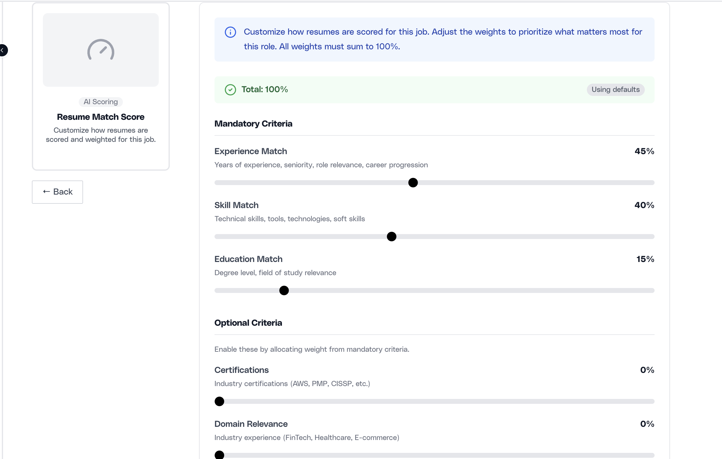 Resume Match Score customization screen showing mandatory and optional criteria with percentage sliders and a total of 100 percent