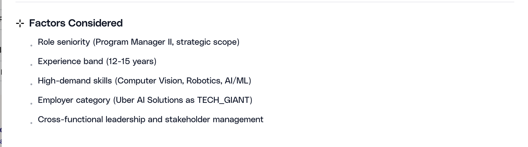 Salary benchmark factors considered section listing the role signals used to generate the benchmark