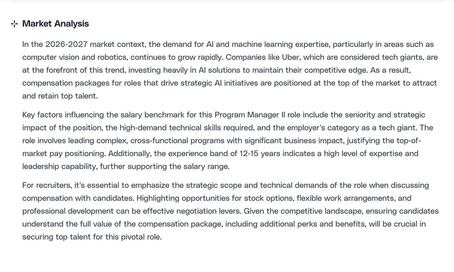 Salary benchmark market analysis section providing narrative explanation of market context and recruiter guidance