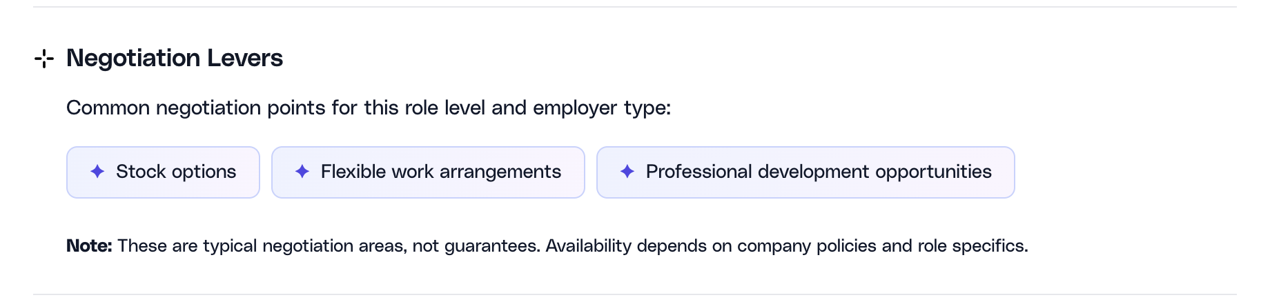 Salary benchmark negotiation levers section showing common non-cash discussion points