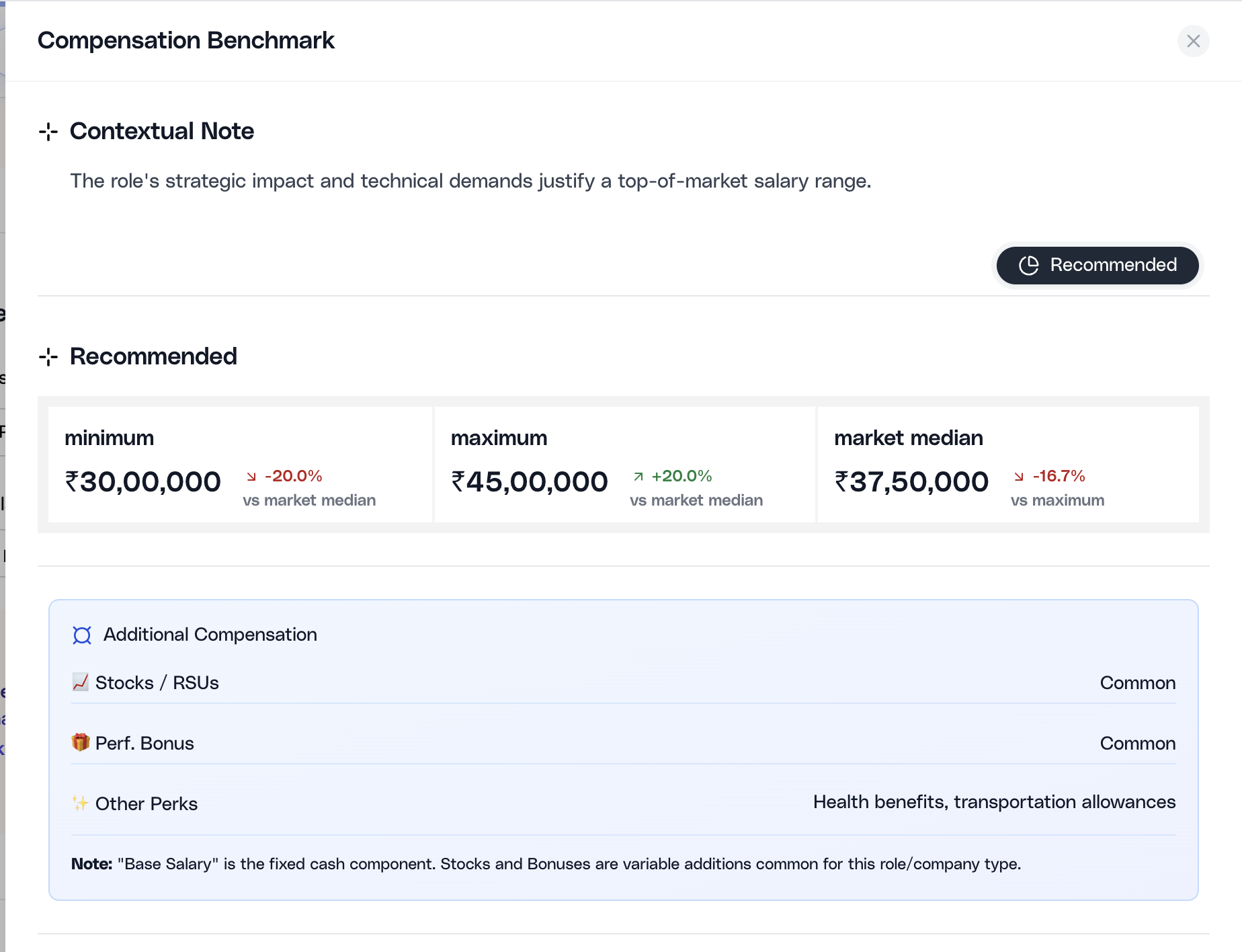 Salary benchmark recommended section showing contextual note, recommended compensation range, market median, and additional compensation signals