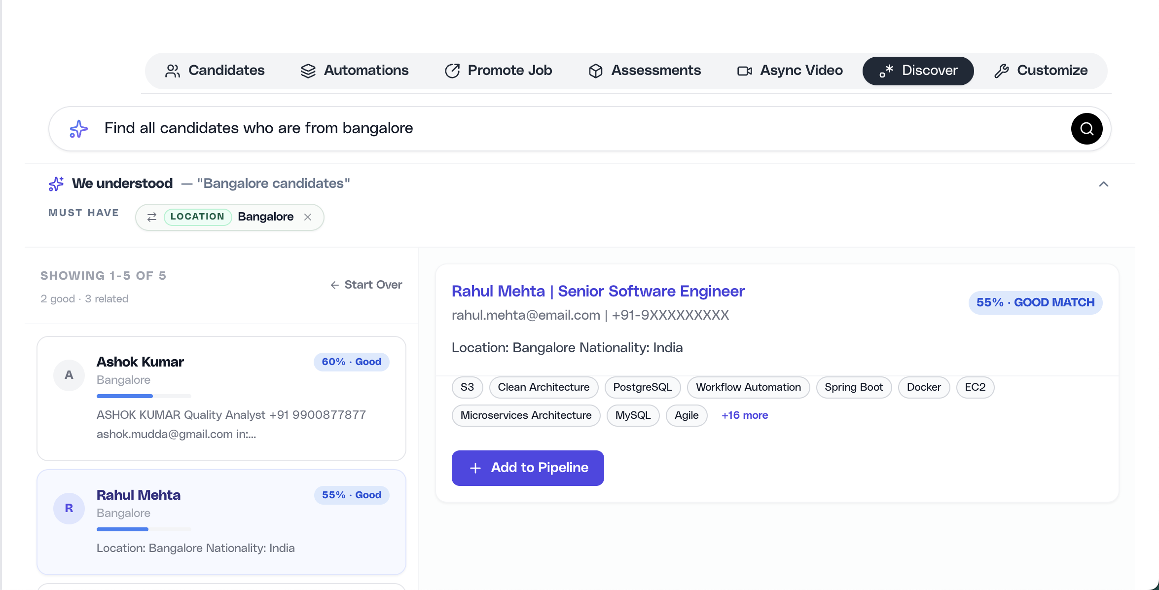 Semantic search results list in Ovii Candidate Discovery