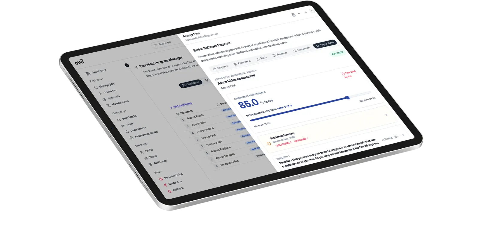 Ovii AI-native ATS dashboard showing candidate pipelines and assessment results